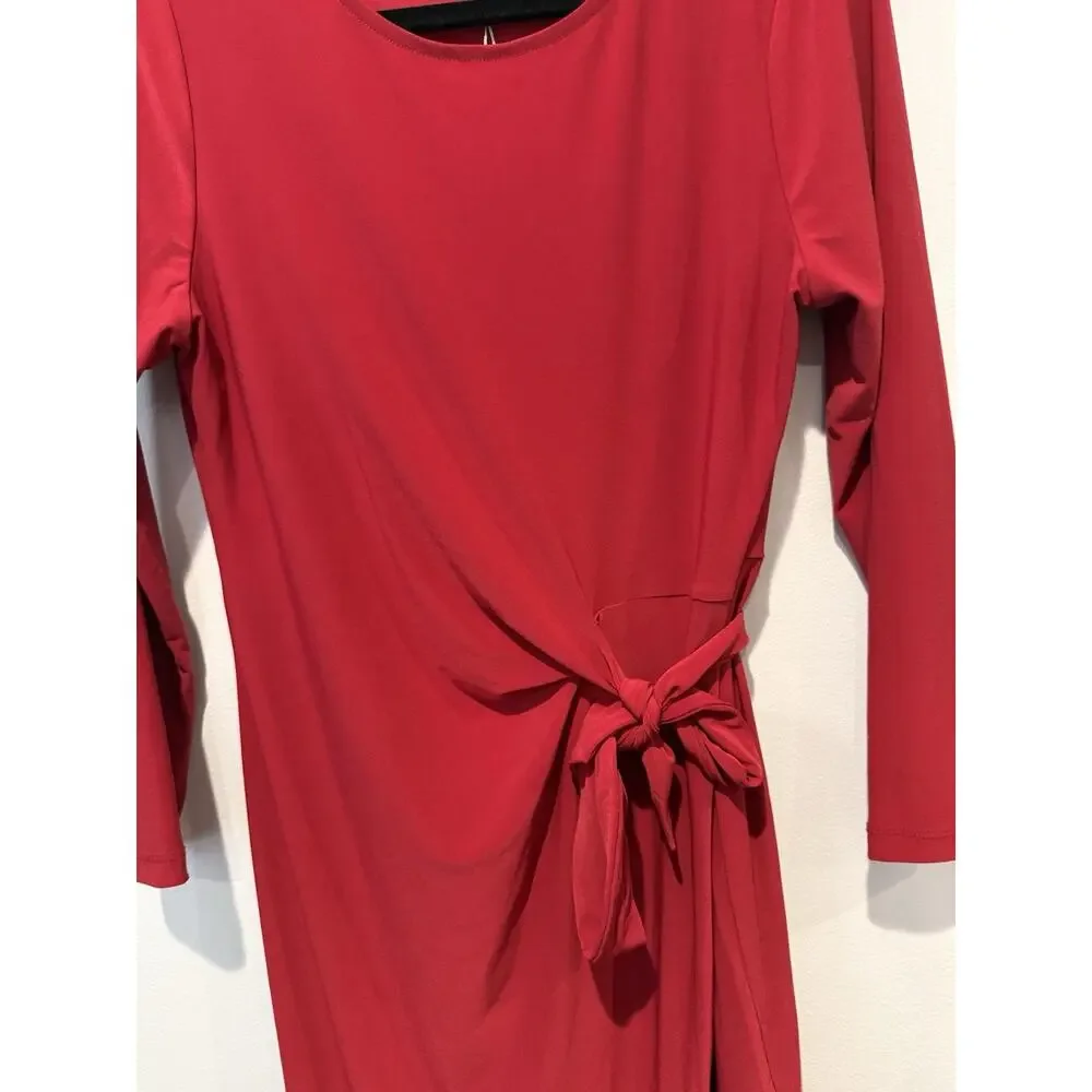 NWT Kasper Fire Red Midi Sheath Dress 3/4 Sleeve Side Tie Stretchy Romantic S